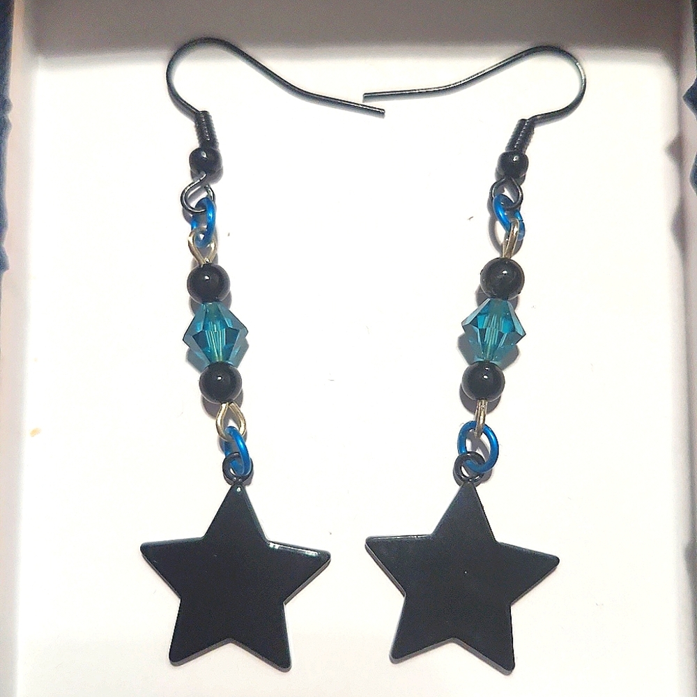 Dangle Earrings, Black & Teal, Stars, Swarovski crystals, handmade, NEW